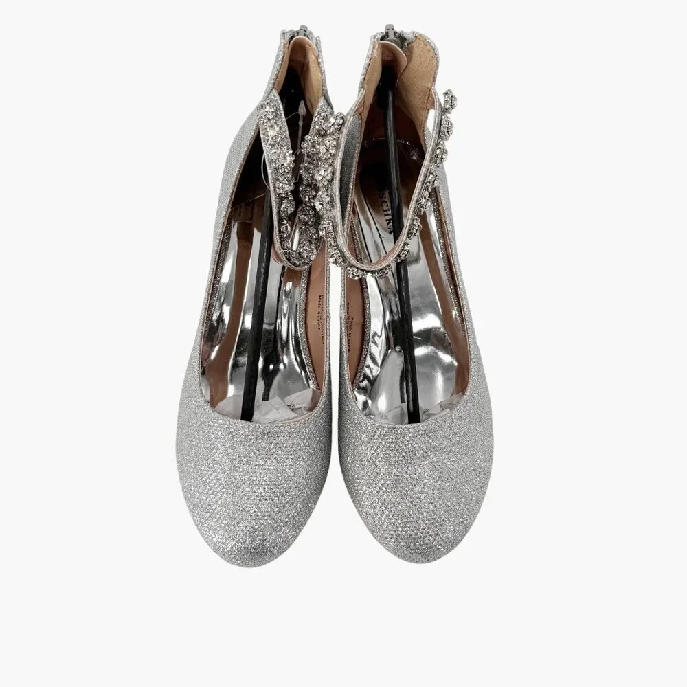 NEW Badgley Mischka Girls’ Glitter Mesh Block Heel - Silver - Size 2